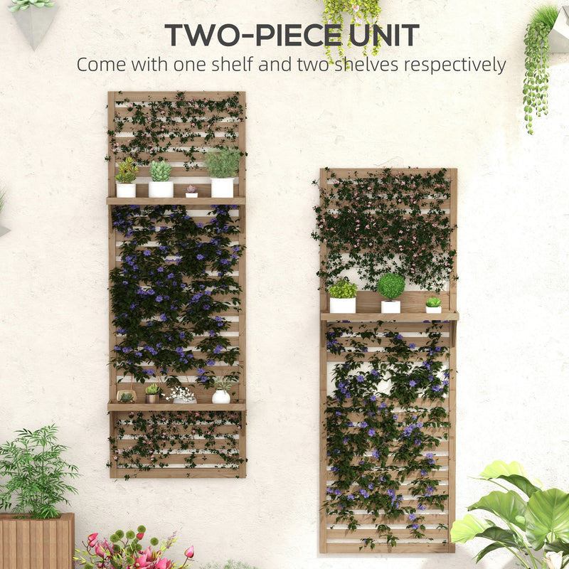 Set of 2 Wall Mounted Fir Wood Plant Stands With Trellis Shelves For Balcony Or Patio