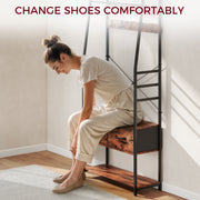 6 in 1 Industrial Hallway Organiser With Hooks and Shoe Bench For Entryway Brown Black