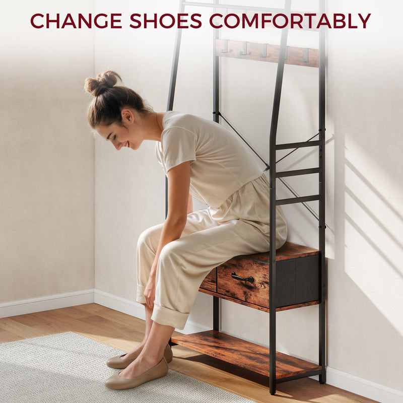 6 in 1 Industrial Hallway Organiser With Hooks and Shoe Bench For Entryway Brown Black