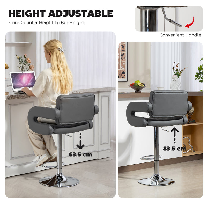 Adjustable Swivel Bar Stool with Backrest Armrests and Footrest for Kitchen Island Grey