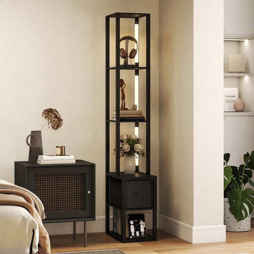Modern LED Floor Lamp With Shelves and Fabric Drawer For Living Room or Bedroom, Black