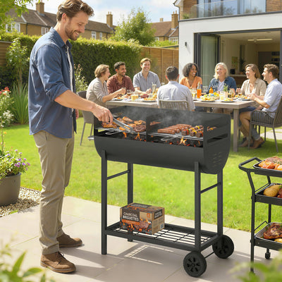 Half Drum Charcoal BBQ Grill Trolley with 2 Cooking Zones for Easy Family Barbecues Black Outsunny