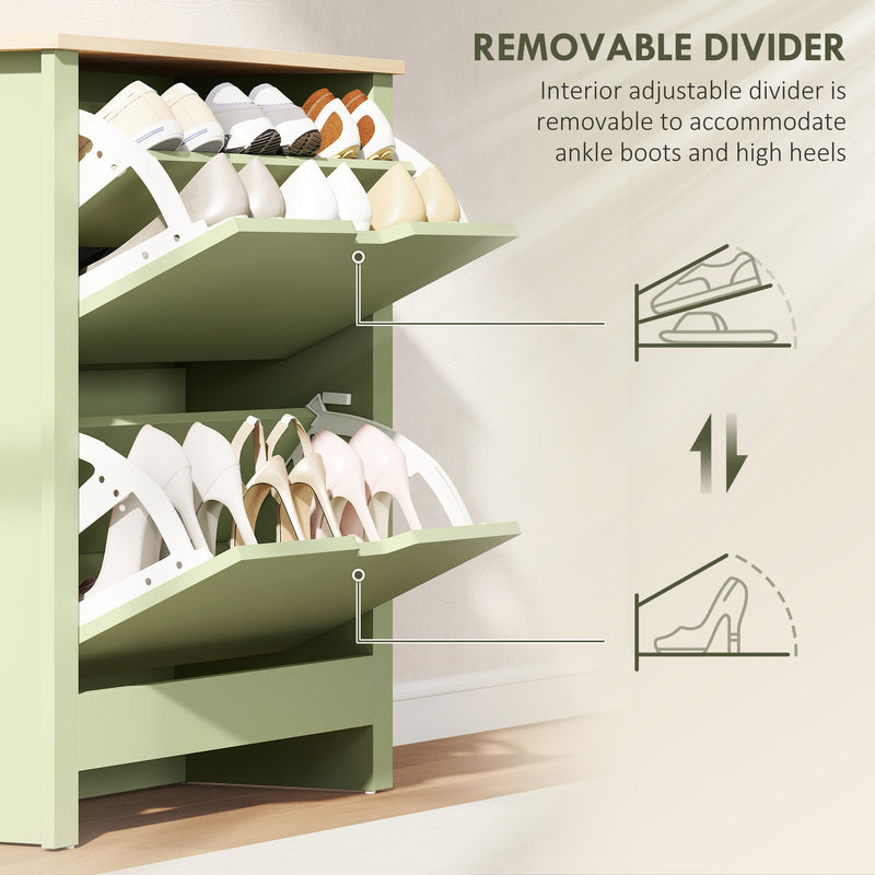 Green Slim Shoe Cabinet with 2 Flip Drawers and Adjustable Shelves for Hallway Storage 72x26x80cm