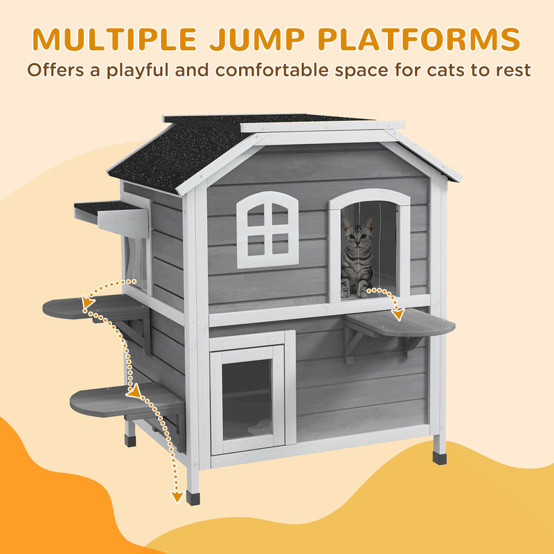 2 Storey Wooden Outdoor Cat House With Escape Door And Roof Access, Grey