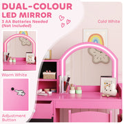 Kids Dressing Table and Chair Set with LED Mirror and Storage for Bedroom Playtime, Pink AOSOM