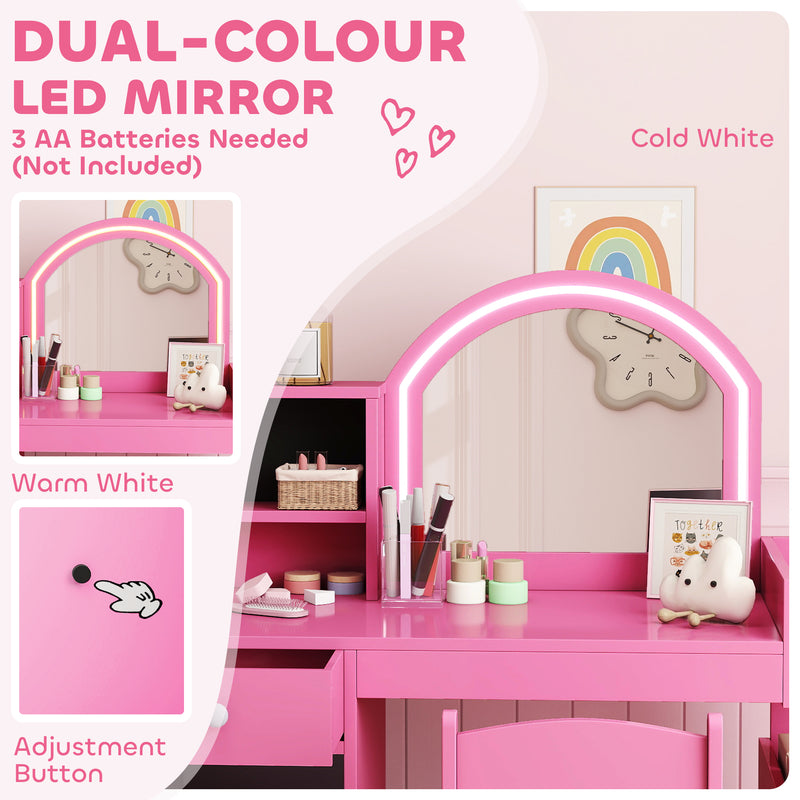 Kids Dressing Table and Chair Set with LED Mirror and Storage for Bedroom Playtime, Pink AOSOM