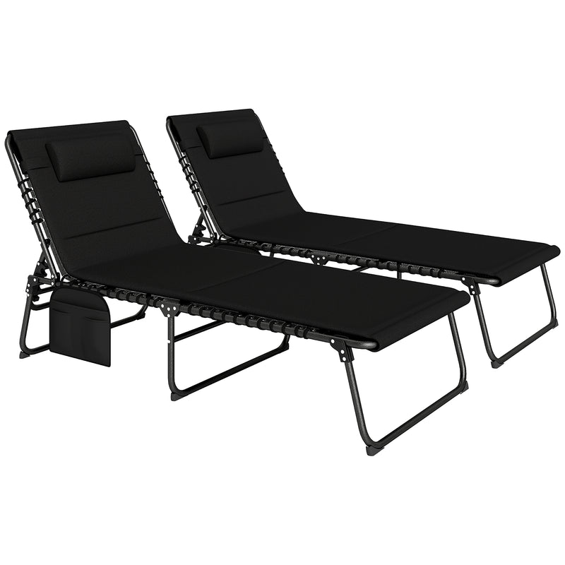 Set of 2 Black Folding Sun Loungers with Reclining Design and Side Pockets by Outsunny