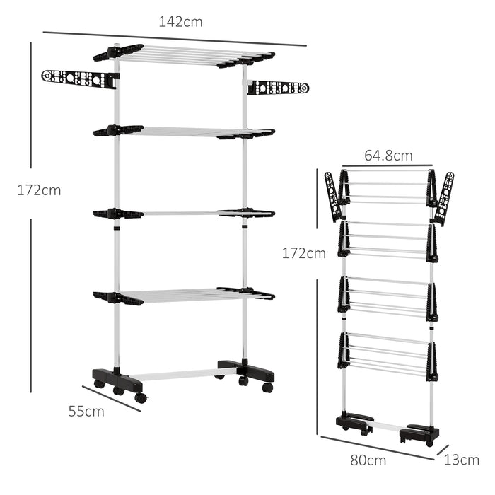 Black Four Shelf Collapsible Clothes Airer With Side Arms and Wheels by HOMCOM
