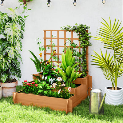 3 Tier Wooden Garden Planter with Trellis for Climbing Plants 95x95x110cm Brown by Outsunny