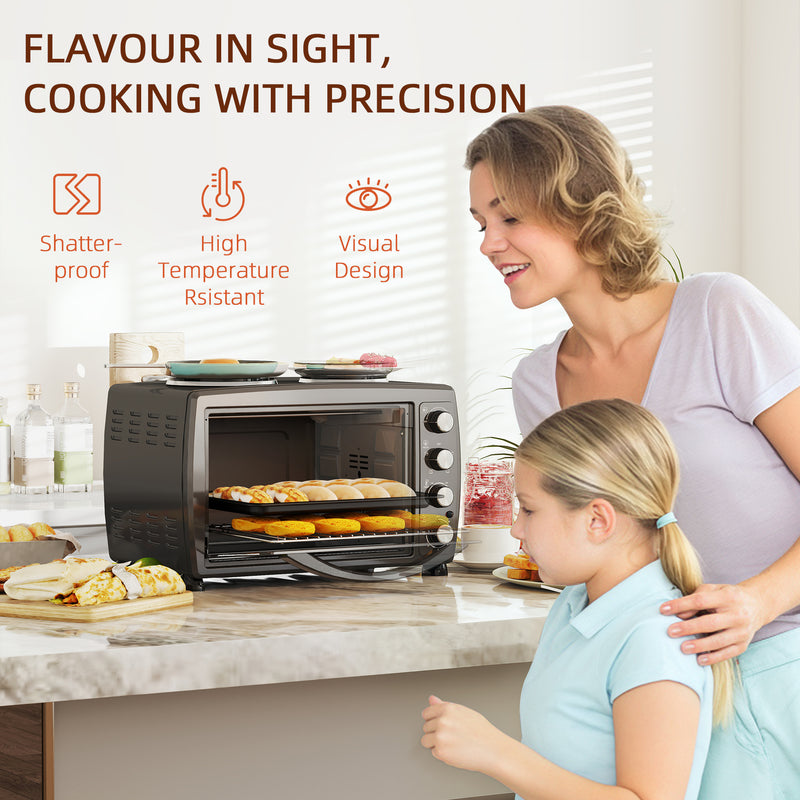 36L Small Electric Oven With 2 Hot Plates Adjustable Temperature Timer 2600W Black by HOMCOM