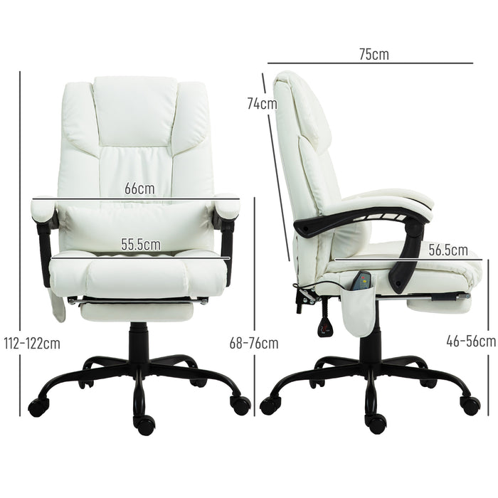 White Leather Office Chair with 6 Point Massage Adjustable Height and Footrest by Vinsetto