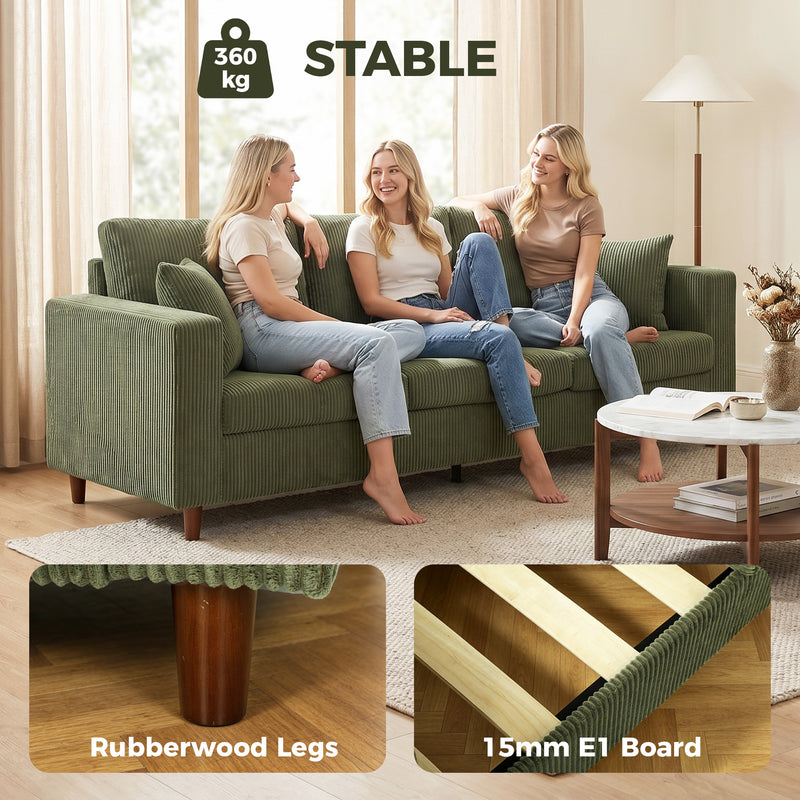 Three Seater Sofa for Spacious Family Lounging with Deep Cushions and Corduroy Fabric