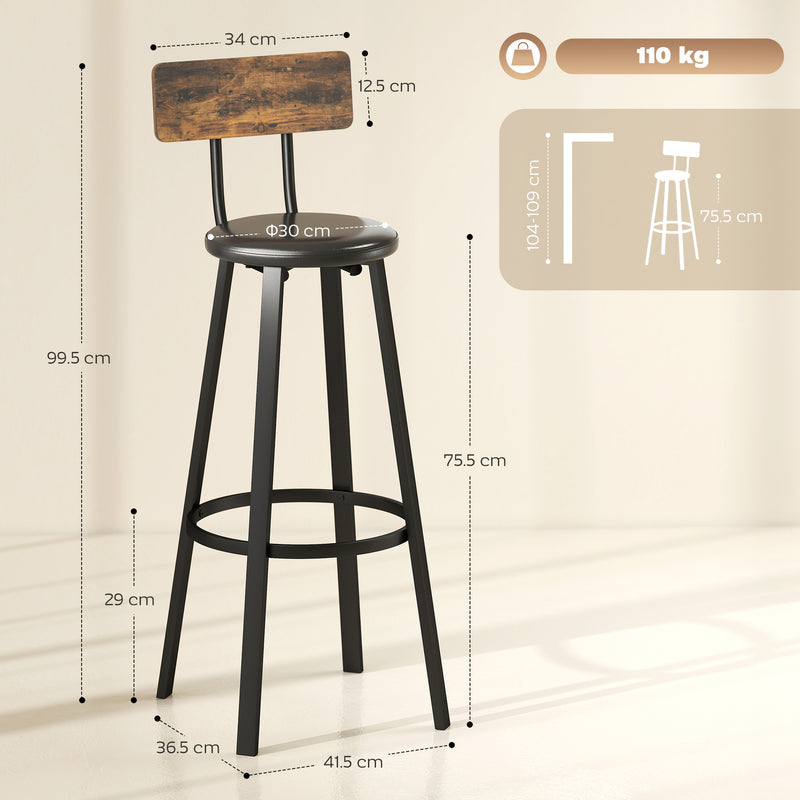 Set of 2 Industrial Bar Stools with Backrests and Footrests for Kitchen Island Rustic Brown and Black