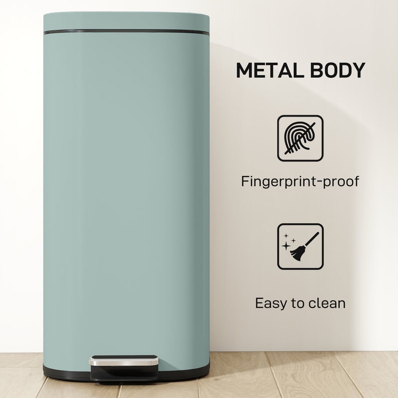 Green 30L Pedal Kitchen Bin with Soft Close Lid and Removable Inner Bucket for Home Use