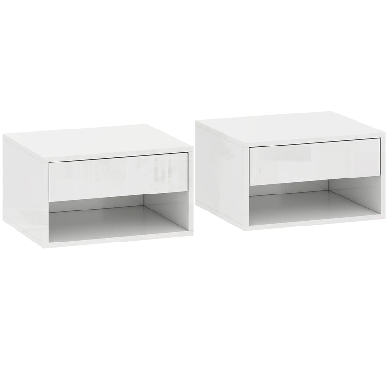 Floating Bedside Tables Set of 2 with Drawer and Shelf for Space Saving Storage High Gloss White AOSOM