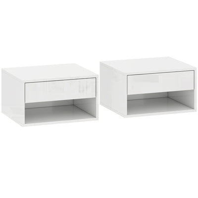 Floating Bedside Tables Set of 2 with Drawer and Shelf for Space Saving Storage High Gloss White AOSOM