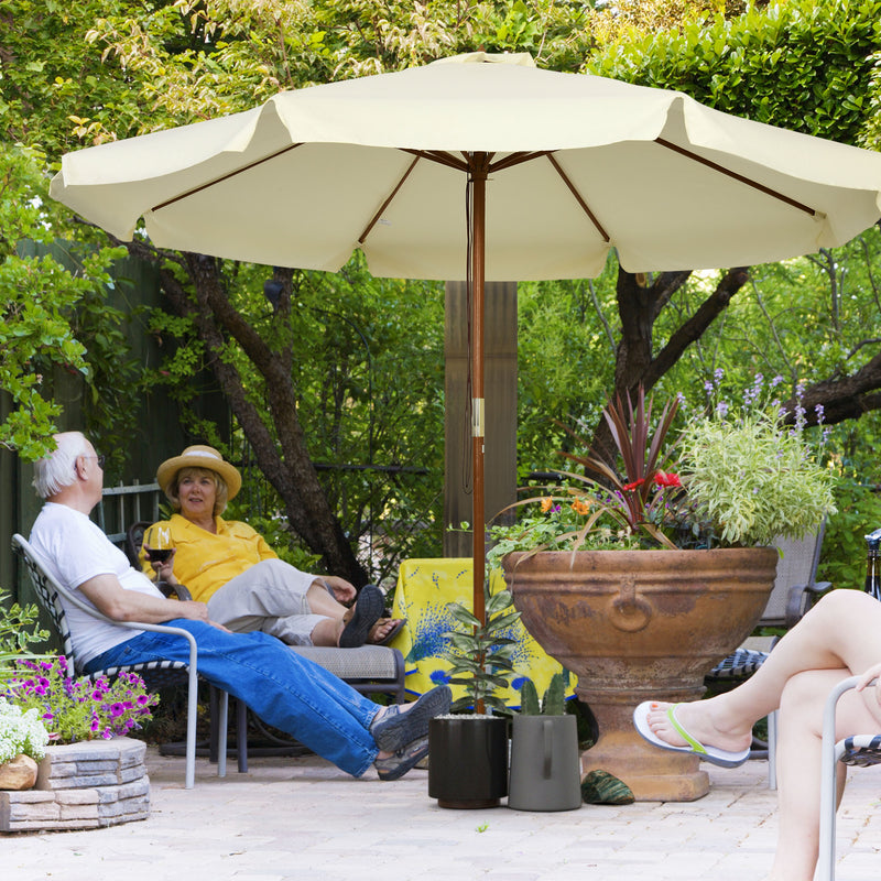 Beige 3.3m Garden Parasol With Wood Pole And Ruffled Canopy For Sun Protection