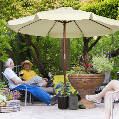 Beige 3.3m Garden Parasol With Wood Pole And Ruffled Canopy For Sun Protection