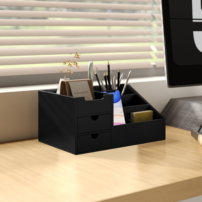 Black Bamboo Desk Organiser with 7 Compartments and 2 Drawers for Home Office by HOMCOM
