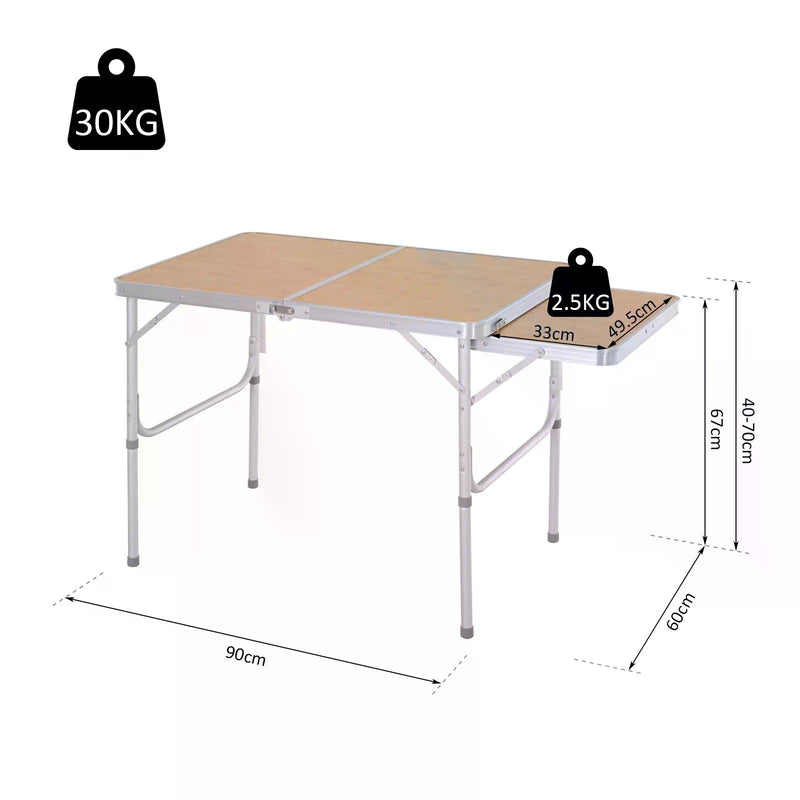 Folding Camping Table with Adjustable Height and Pull Out Side Table for Outdoor Dining Bamboo