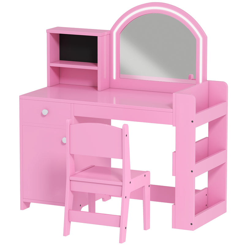 Kids Dressing Table and Chair Set with LED Mirror and Storage for Bedroom Playtime, Pink AOSOM