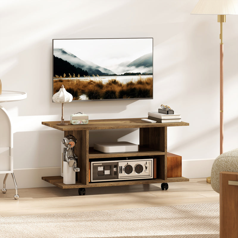 Modern TV Stand With Storage Shelves and Wheels for Bedroom or Living Room Walnut AOSOM