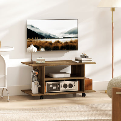 Modern TV Stand With Storage Shelves and Wheels for Bedroom or Living Room Walnut AOSOM