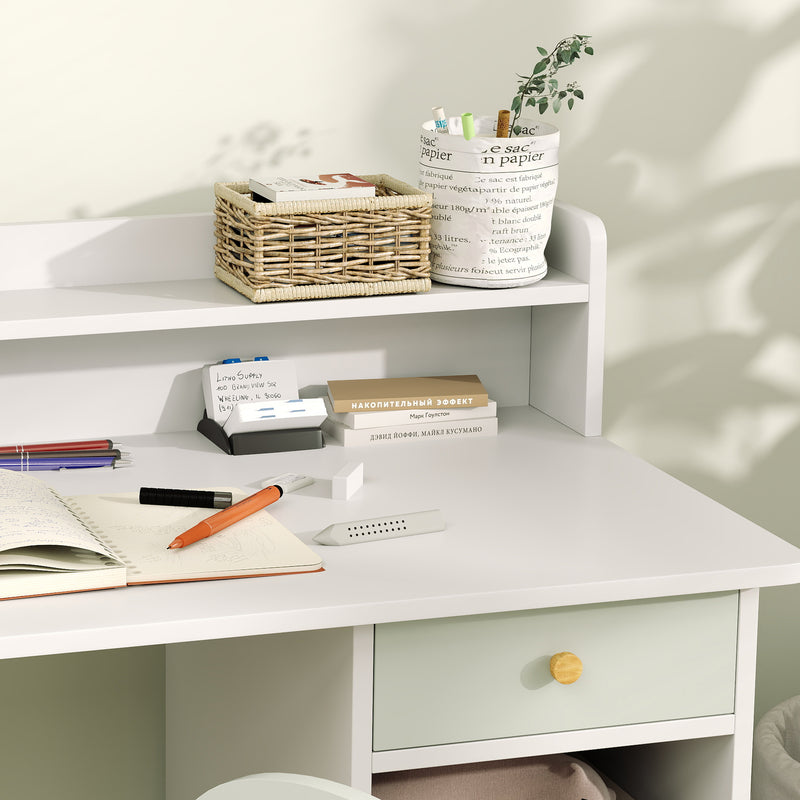 Kids Study Desk and Chair Set with Hutch Storage Shelves and Drawer for Home Learning Green