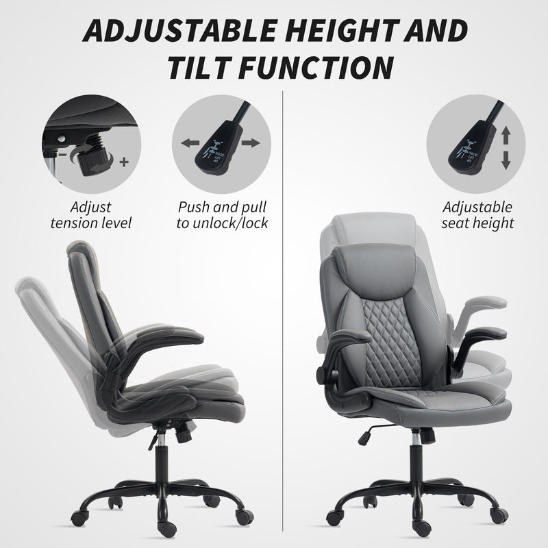 Ergonomic Faux Leather Office Chair With Flip Up Armrests For Home Or Office, Charcoal Grey