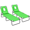 Green Folding Sun Lounger Set of 2 with Face Hole and Adjustable Backrest for Garden