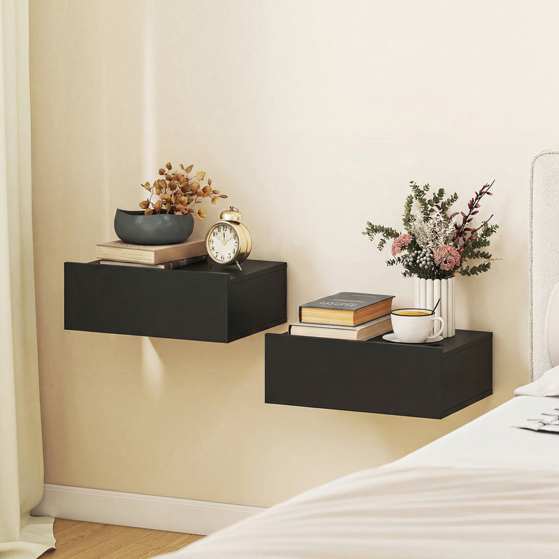 Floating Bedside Tables Set of 2 with Drawer for Space Saving Bedroom Storage Black