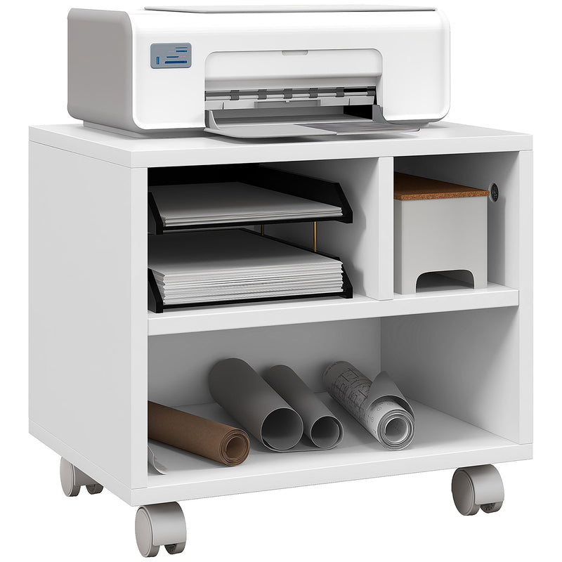 Three Compartment Printer Cabinet with Storage and Lockable Wheels for Home Office, White