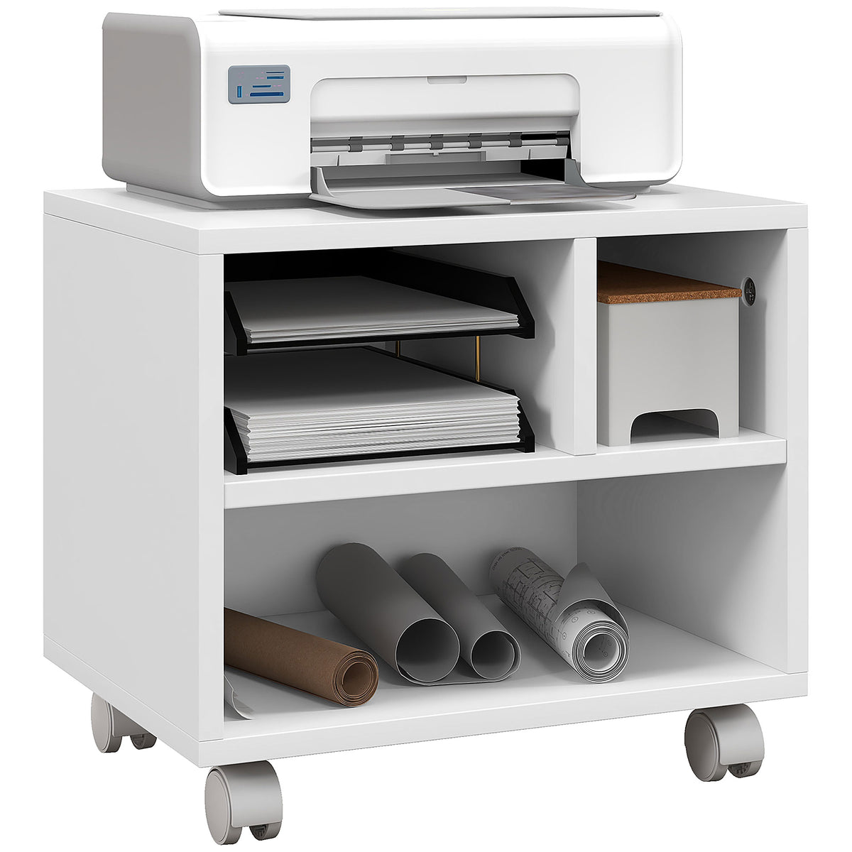 Buy White Printer Cabinet With Storage & Lockable Wheels | Opal Retail