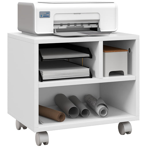 Three Compartment Printer Cabinet with Storage and Lockable Wheels for Home Office, White