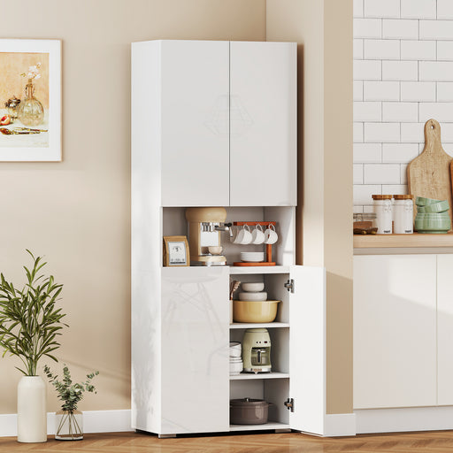 Tall Cupboard For Kitchen Storage with Adjustable Shelves and Soft Close Doors Modern White High Gloss 68x34x180cm Homcom