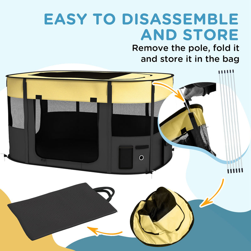 Foldable Dog Playpen with Storage Bag and Ground Stakes for Indoor and Outdoor Use, Yellow