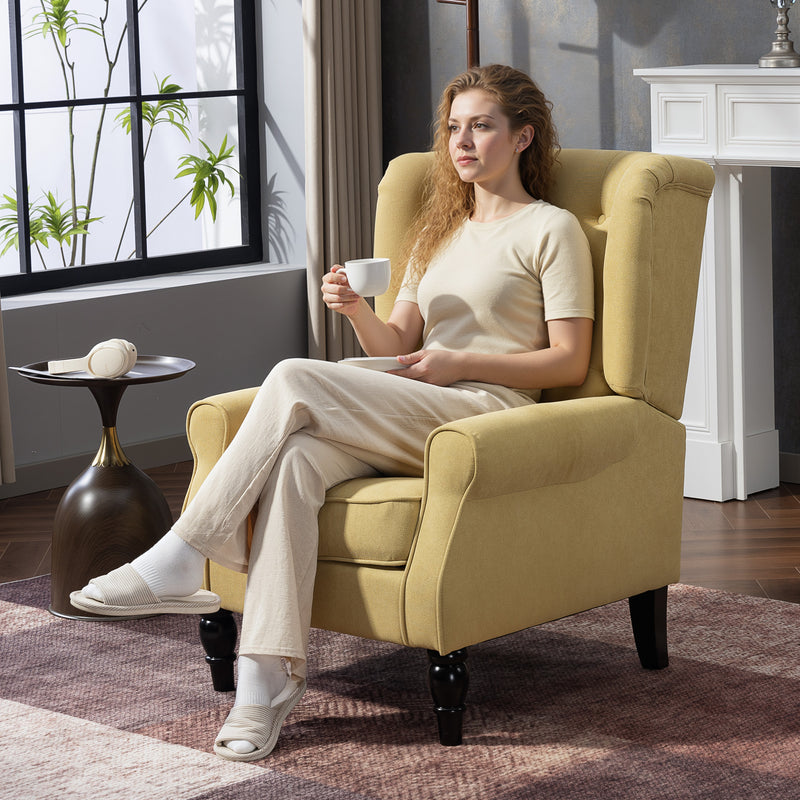 Retro Wingback Accent Chair With Button Tufting For Living Room Or Bedroom, Yellow