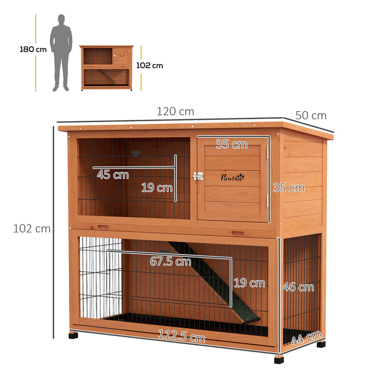 Two Tier Wooden Rabbit Hutch with Run 102cm Large Guinea Pig Cage for Outdoors Orange