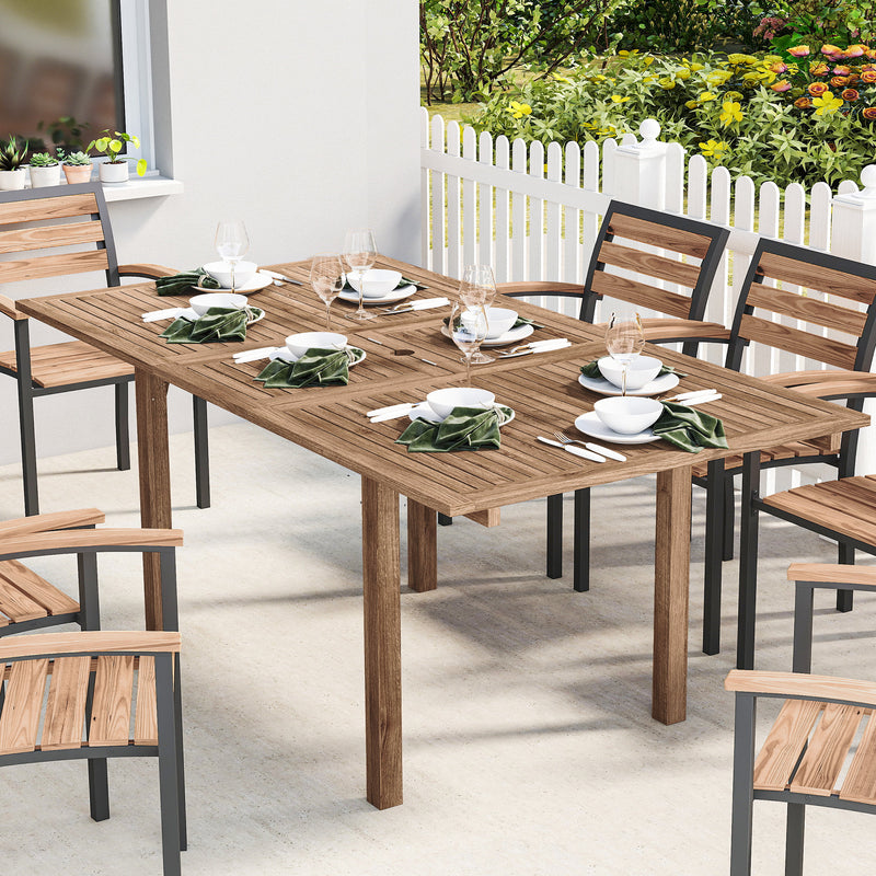Extendable Garden Dining Table for 6 to 8 People with Parasol Hole Acacia Wood Natural AOSOM
