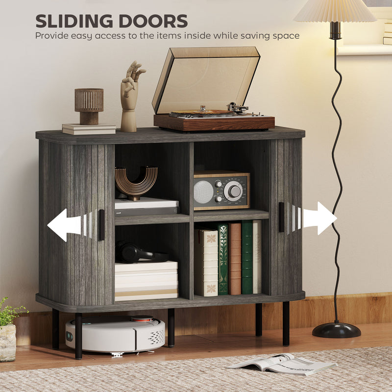 Mid Century Sideboard Cabinet With Sliding Tambour Doors and Steel Legs for Kitchen Grey