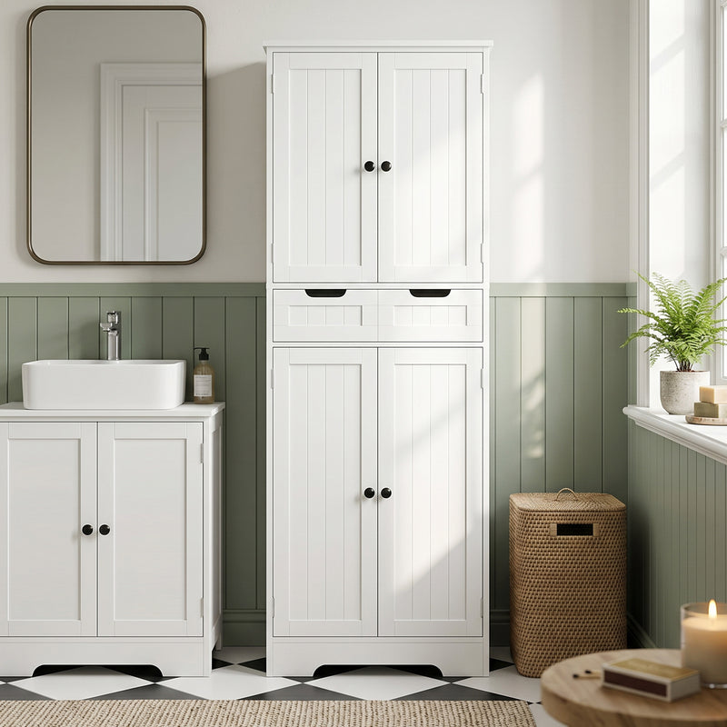 Tall White Bathroom Storage Cabinet with Shelves and Drawer for Towels and Toiletries