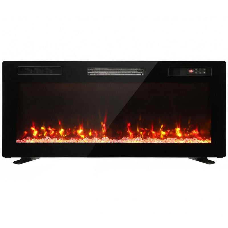 Black 102 cm ultra-thin electric fire with orange flames on two metal feet, white background
