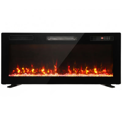Black 102 cm ultra-thin electric fire with orange flames on two metal feet, white background