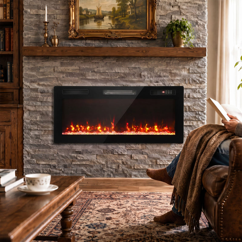 Wall mounted electric fire above a stone chimney breast in a cosy living room