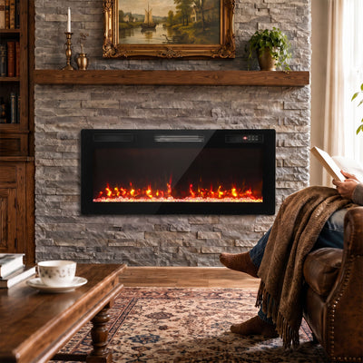 Wall mounted electric fire above a stone chimney breast in a cosy living room