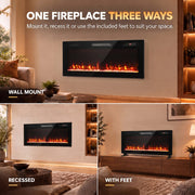 Three installation options shown: wall mounted, recessed and freestanding on feet