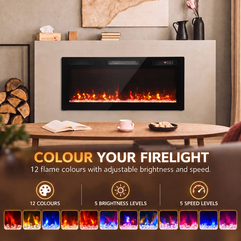 Flame colour panel showing 12 colours, 5 brightness levels and 5 speed levels