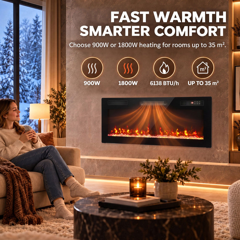 Woman relaxing by the electric fire with 900 W and 1800 W heat settings up to 35 m²