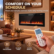 Hand holding the remote with a 7-day programme, 12-hour timer and 14-key remote icons