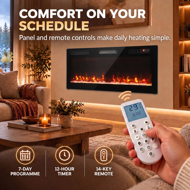 Hand holding the remote with a 7-day programme, 12-hour timer and 14-key remote icons